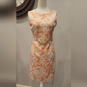 Kate and Lily Brocade Sleeveless Sheath Coktail Dress Size 6 Orange and White